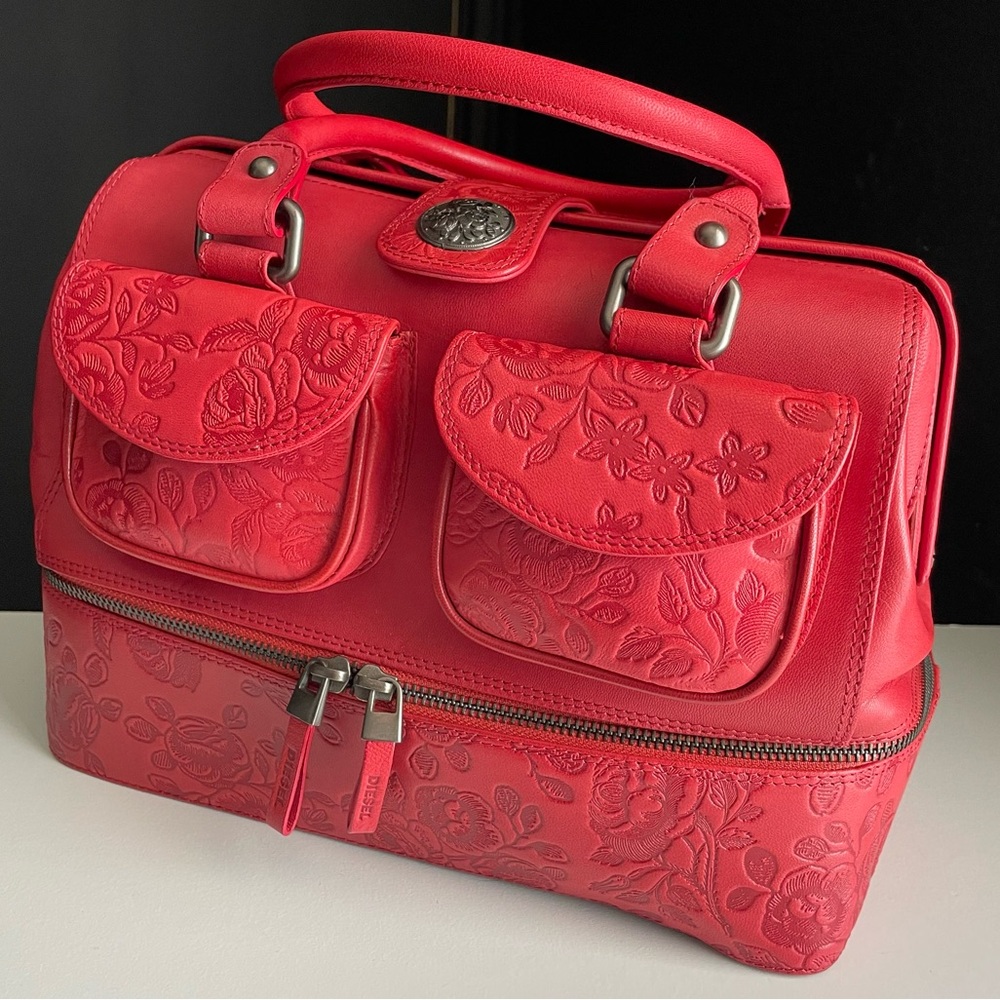 Y2K Diesel Red Leather Doctor Bag Rosalia Embossed Floral made in Spain
